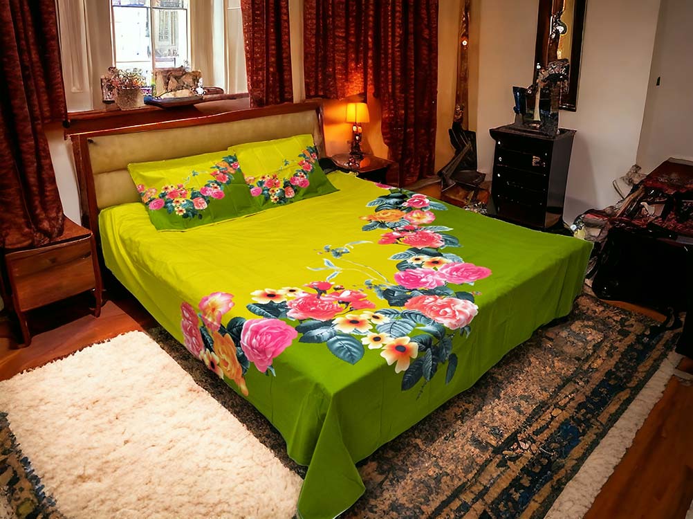 Beautiful Flower in Yellow Green Bed sheet price In Bangladesh