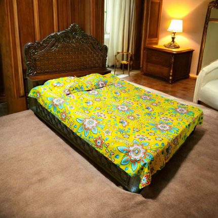 Vibrant Yellow Floral Print Bedsheet Set with Pillow Covers